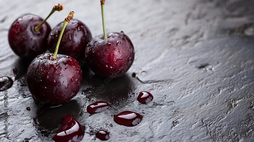 Poster Fresh and juicy cherries with droplets resting on a dark stone surface capturing vibrant summer essence : Generative AI