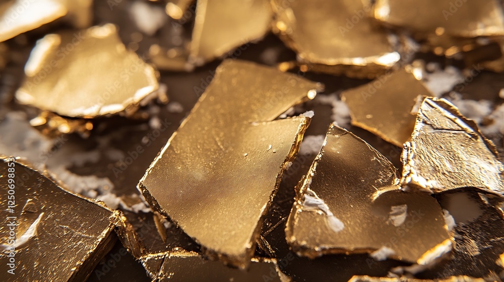 Aufkleber close up of shimmering gold foil pieces on a dark background with a rich texture : generative ai