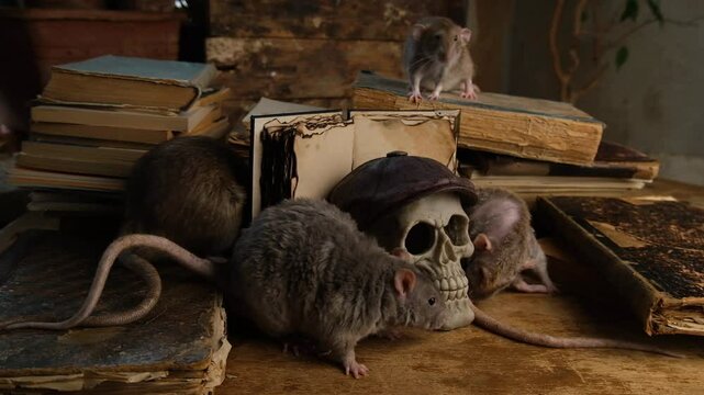 Gray and brown rats run through old books and sniff a human skull.