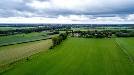 Aerial View of Lush Green Fields and Quaint Homes Amidst a Scenic Rural Landscape : Generative AI