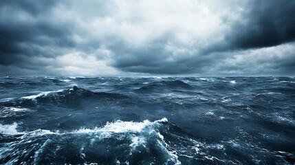 Dramatic view of turbulent ocean waves under a moody sky filled with dark clouds and stormy ambiance : Generative AI