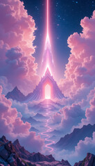 surreal dreamlike landscape with luminescent pink and violet clouds, a glowing crystalline mountain peak, and a radiant celestial gate floating in the cosmic sky