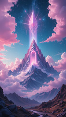 surreal dreamlike landscape with luminescent pink and violet clouds, a glowing crystalline mountain peak, and a radiant celestial gate floating in the cosmic sky