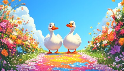 Two White Ducks Stroll Along A Colorful Flower Path