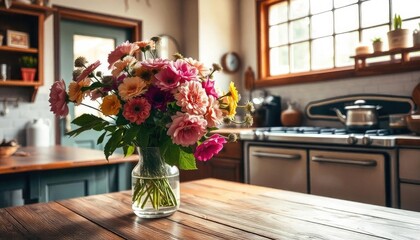 Charming Kitchen Interior with Vibrant Flower Arrangement in Sunlit Vase for a Cozy Home Atmosphere