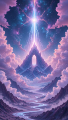 surreal dreamlike landscape with luminescent pink and violet clouds, a glowing crystalline mountain peak, and a radiant celestial gate floating in the cosmic sky