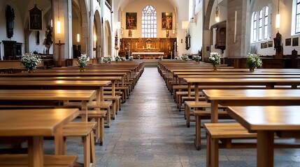 Interior view of a serene church with wooden benches and beautiful floral arrangements setting a calm atmosphere : Generative AI