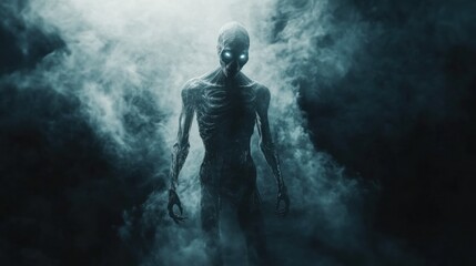 Fototapeta premium Terrifying Creature Emerging from Ethereal Smoke, Eyes Glowing in the Dark