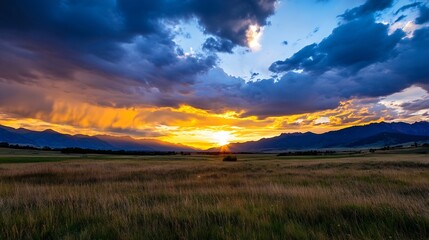 Wide open landscape featuring rolling hills and a stunning sunset with dramatic clouds : Generative AI