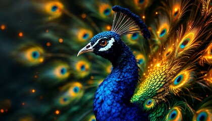 Fototapeta premium Elegant Peacock Portrait with Detailed Feathers and Bright Color Display