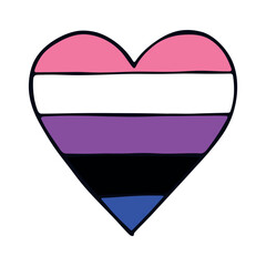 Colorful heart shape Gender fluid pride flag Happy pride day LGBTQ community Pride Month Vector hand drawn doodle for posters, stickers, logo, cards