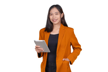 Portrait of Young Female Corporate Worker, Smiling and Holding Tablet Isolated Transparent