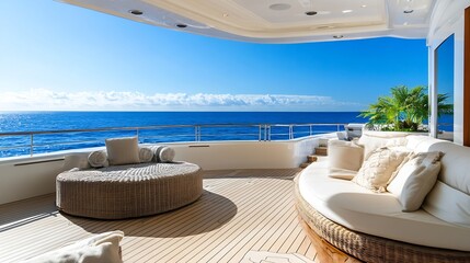 Fototapeta premium Beautiful terrace with cozy seating overlooking the vast blue ocean and clear skies : Generative AI