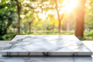 White marble table, park backdrop, sunlight, product display