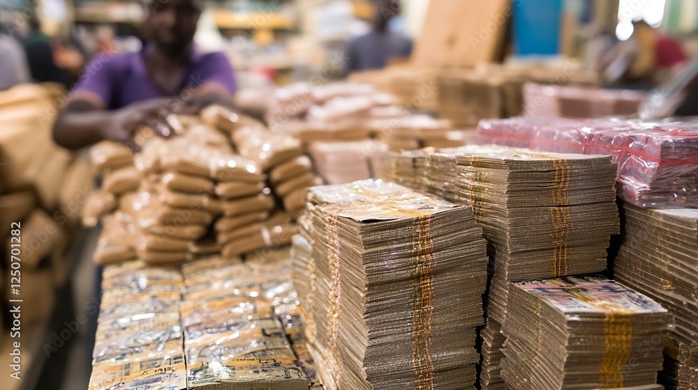 Poster Stacks of cash banknotes arranged in a market showing large sums of money in a trading environment : Generative AI