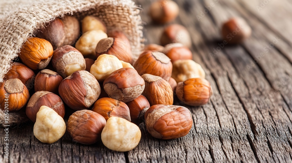 Aufkleber A rustic view of assorted hazelnuts spilled from a burlap sack on a wooden table showcasing their natural quality : Generative AI