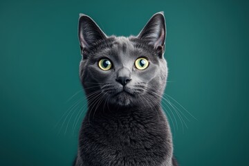 Gray cat portrait with green eyes and teal background. concept of mystery and sophistication.