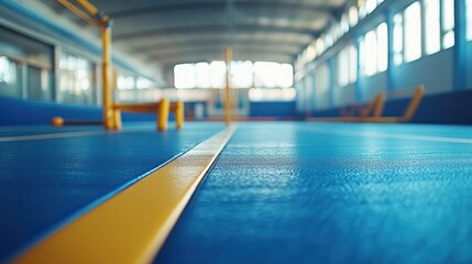 Gymnastics training space with equipment and blue floor with yellow lines