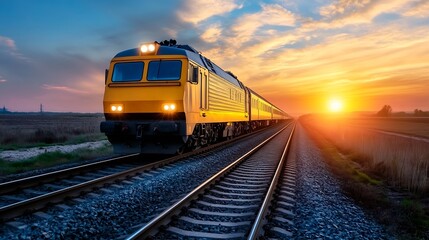 Fototapeta premium Vibrant sunset illuminating a train traveling along tracks in an idyllic rural setting : Generative AI