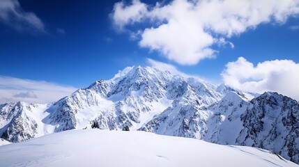 Breathtaking panoramic view of snow covered mountains under a bright sky : Generative AI