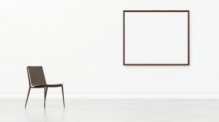 A minimalist gallery setting with a chair and an empty frame on the wall.