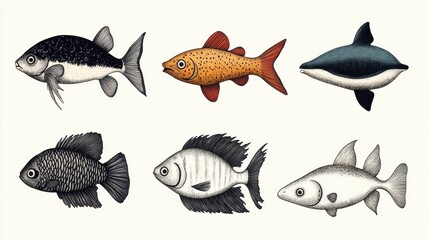 Naklejka premium Hand-drawn Illustrations of Various Colorful Freshwater Fish Species
