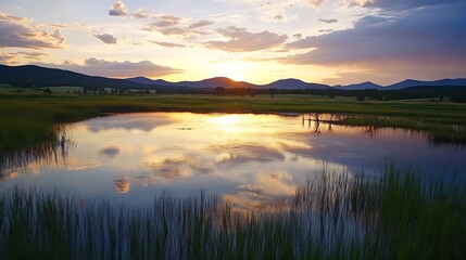 Obraz premium Tranquil Sunset Reflected on a Calm Lake Surrounded by Lush Green Fields and Majestic Mountains : Generative AI