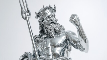 Obraz premium Glimmering Silver Statue of a Mythical Sea God with Trident Pose