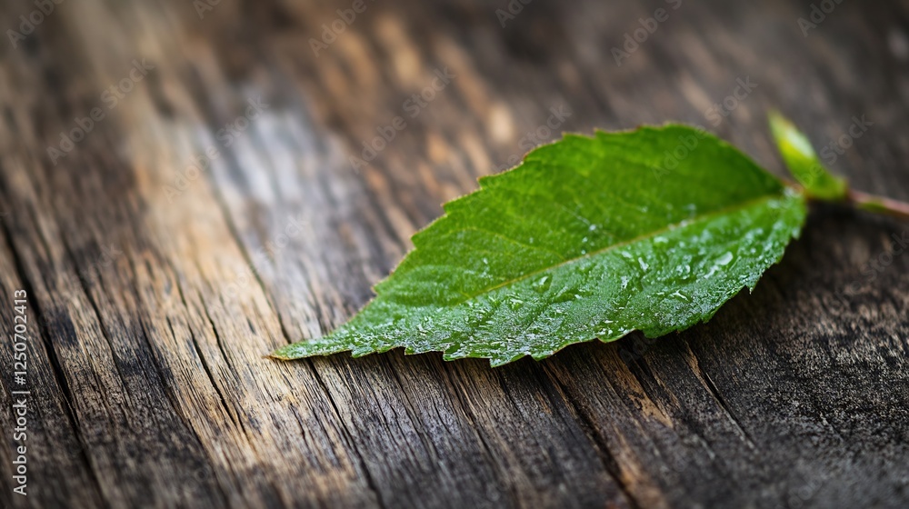 Aufkleber fresh green leaf with dew drops resting on rustic wooden surface symbolizing nature and growth : gen