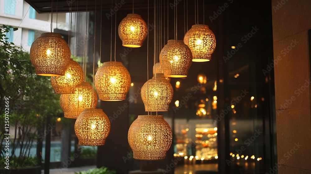 Poster unique hanging decorative lights made from woven materials illuminating a cozy space : generative ai