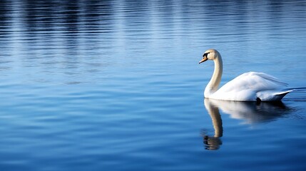 Fototapeta premium Elegant white swan gliding gracefully across a calm blue lake reflecting scenic surroundings : Generative AI