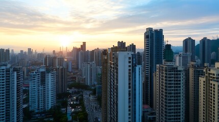 Obraz premium Aerial View of Urban City Skyline with Skyscrapers during Beautiful Sunset for Real Estate and Travel : Generative AI