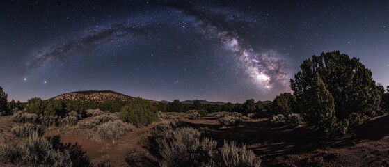 Starry night sky over desert landscape with Milky Way