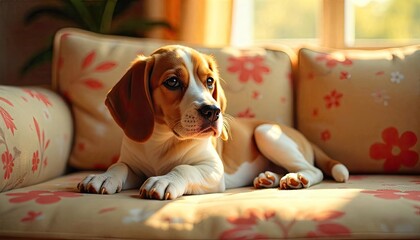 Obraz premium Adorable Beagle Puppy Relaxing on a Comfortable Couch Bathed in Warm Sunlight at Home
