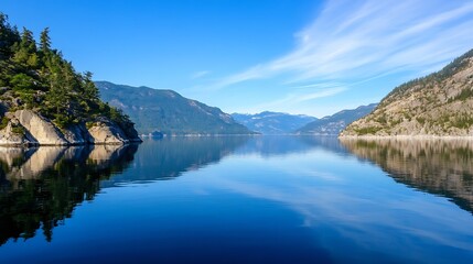 Fototapeta premium Stunning landscape of calm lake surrounded by mountains and trees under clear blue sky : Generative AI