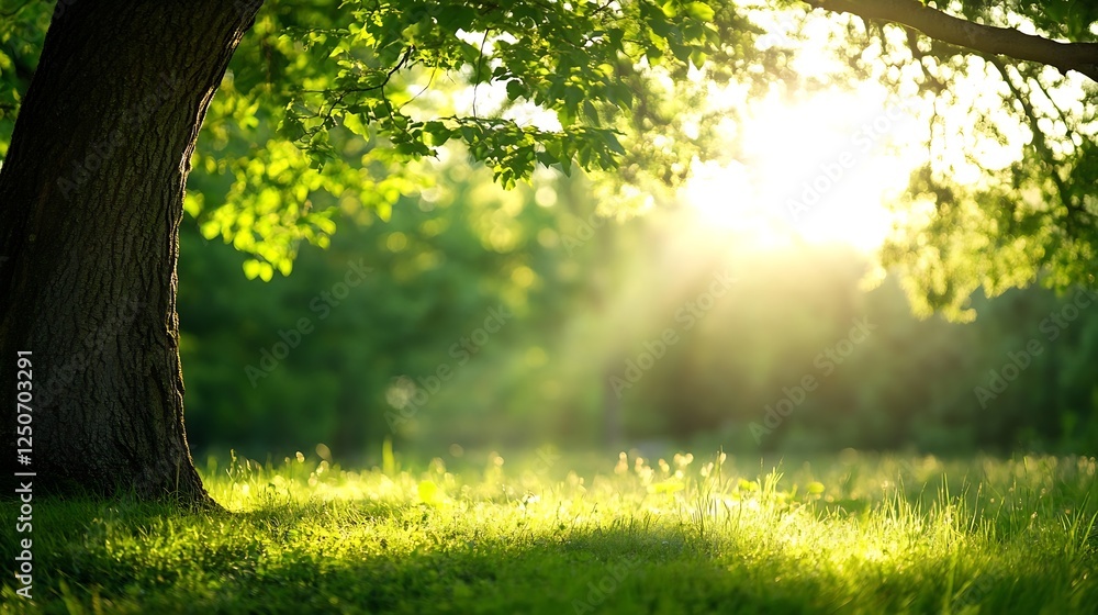 Aufkleber bright sunlight streaming through green leaves of a majestic tree creating a peaceful natural scene 