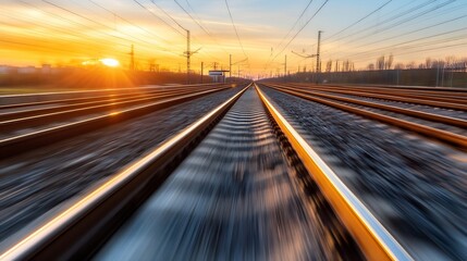 Obraz premium Dynamic sunset view along the railway tracks showcasing movement and vibrant colors : Generative AI