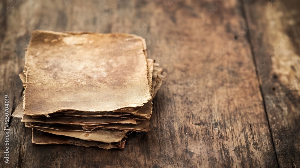 Poster Stack of aged parchment paper on a rustic wooden table showcasing texture and history : Generative AI