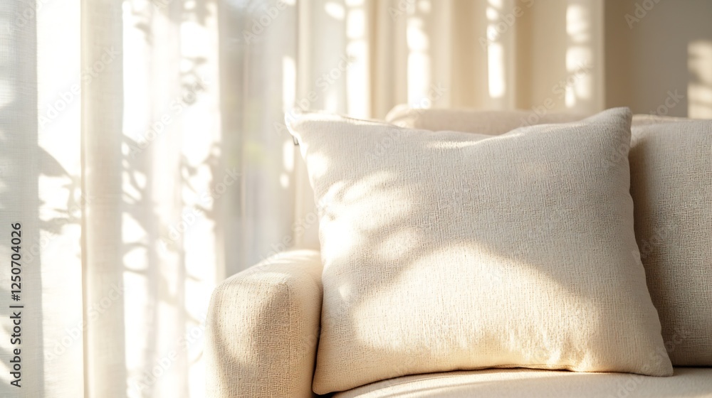 Poster Serene image of a soft cream colored cushion resting on a cozy sofa illuminated by gentle sunlight : Generative AI