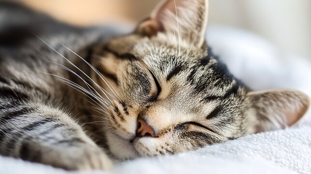 Closeup of a sleeping tabby cat curled up on soft blankets showcasing its relaxed and content demeanor : Generative AI