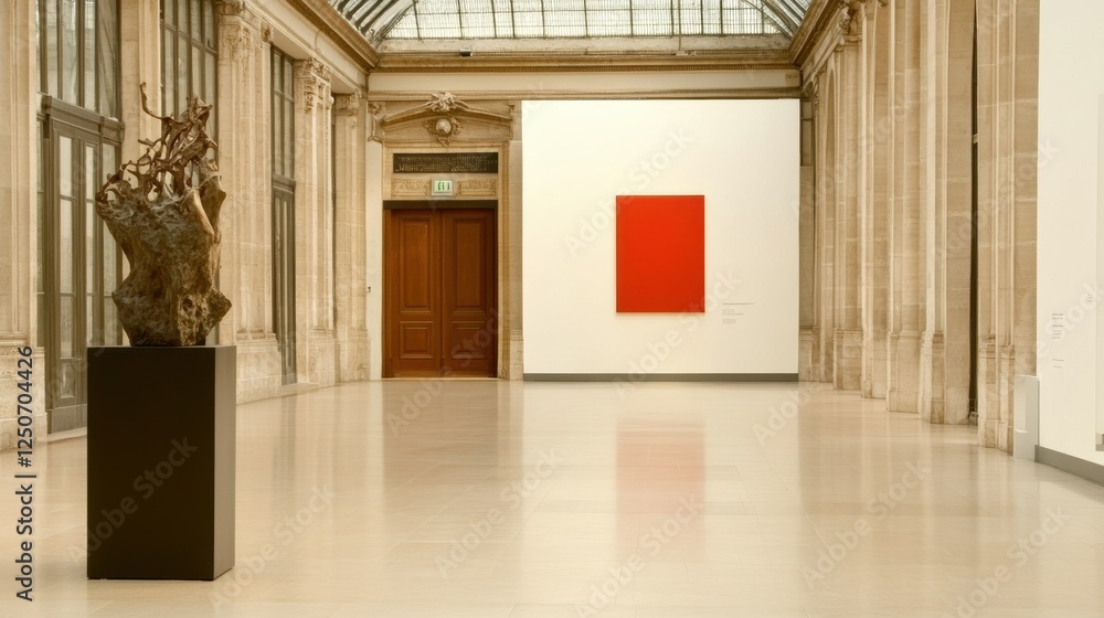 Poster a spacious gallery showcasing modern art with a sculpture and a red canvas.