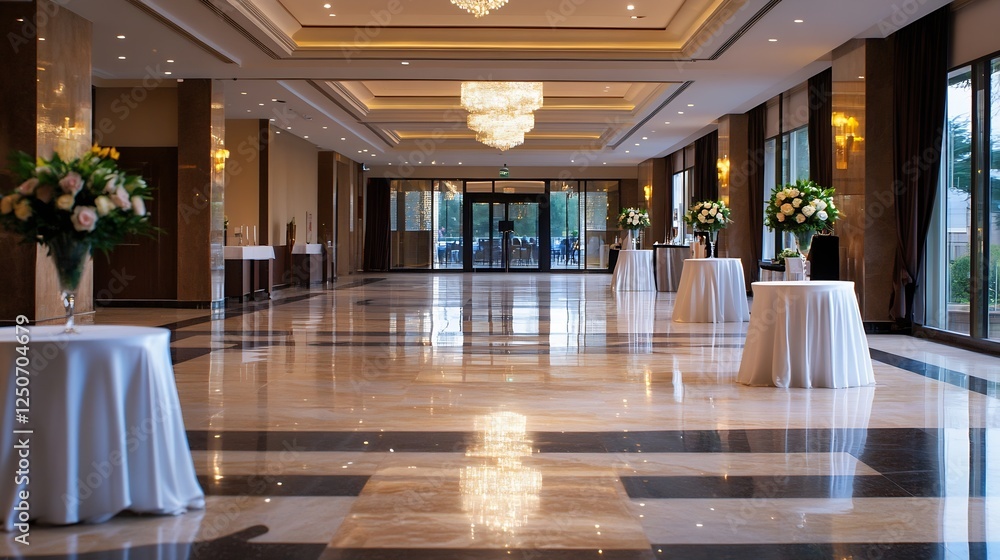 Aufkleber Stylish event space prepared for a formal gathering with tables and flower arrangements in place : Generative AI