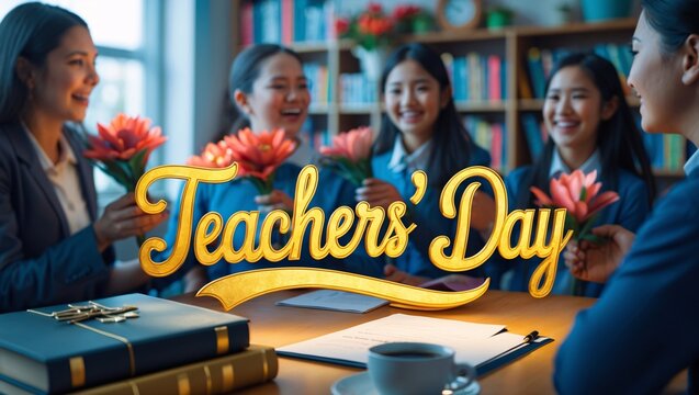 Celebration of Teachers Day with students presenting flowers to their teachers in a cozy literary environment full of books and warmth