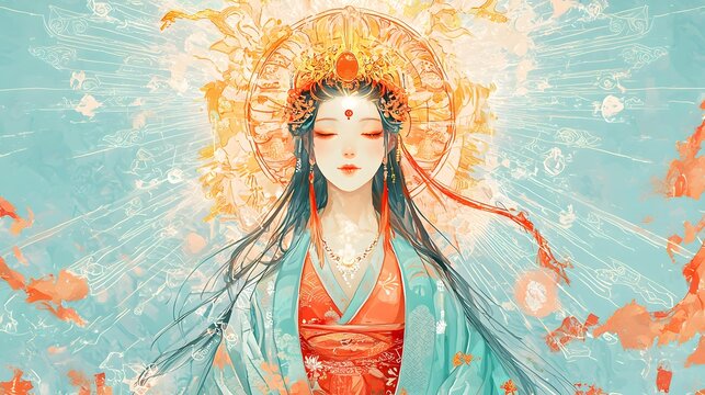 3. A radiant image of Amaterasu with glowing sun motifs on a soft blue background