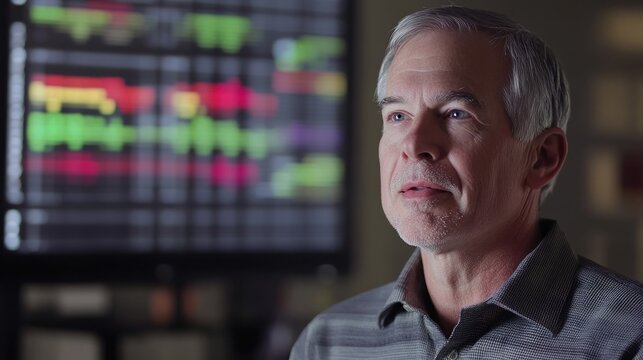 Experienced analyst contemplating financial data on screen at office