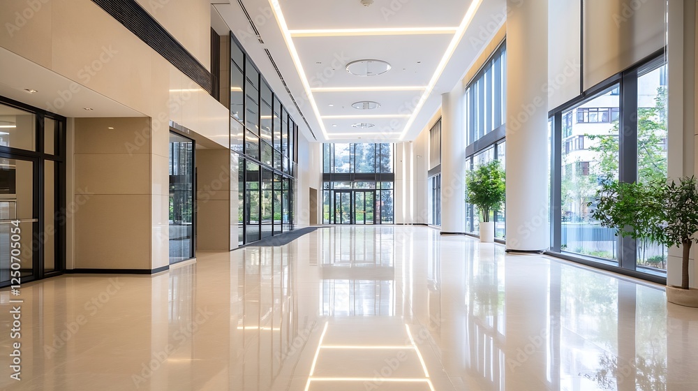 Poster modern spacious lobby area with large windows and polished floors showcasing contemporary architectu