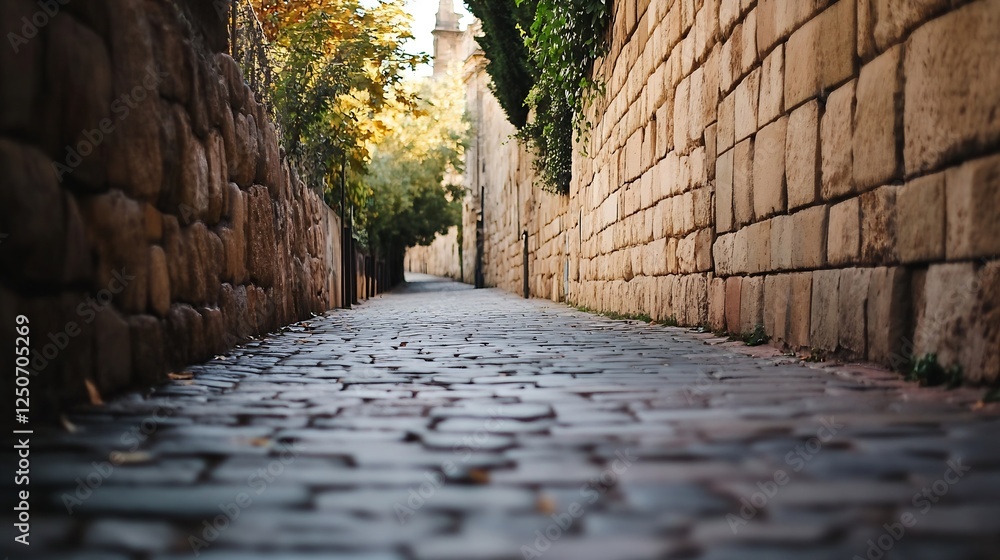 Poster a picturesque cobblestone pathway meandering through historic walls in a serene location : generativ