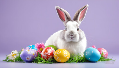 Happy easter. Painted eggs and rabbit on violet