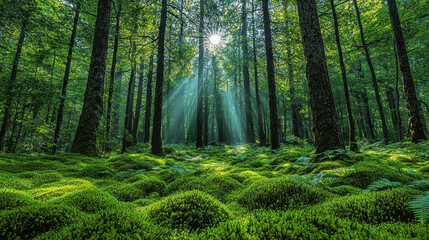 Obraz premium Sunbeams illuminate a mossy forest floor