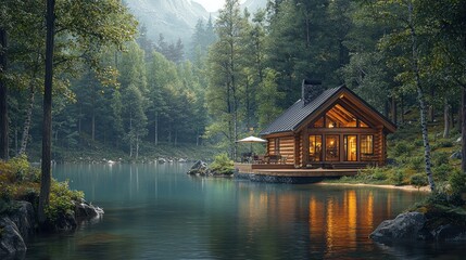 Fototapeta premium Cozy log cabin by a serene lake surrounded by lush forests and mountains